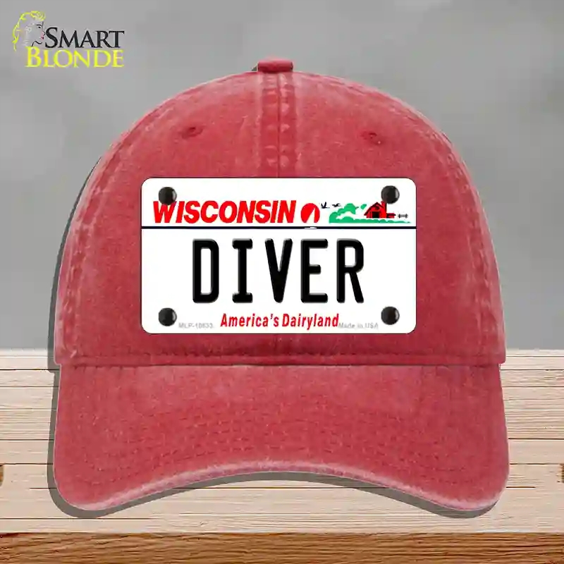 HAT13-MLP-10633 Diver Wisconsin Novelty License Plate Hat, Unconstructed Cotton - Red