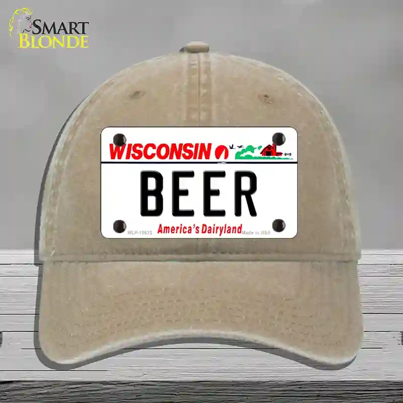 HAT09-MLP-10622 Beer Wisconsin Novelty License Plate Hat, Unconstructed Cotton - Khaki