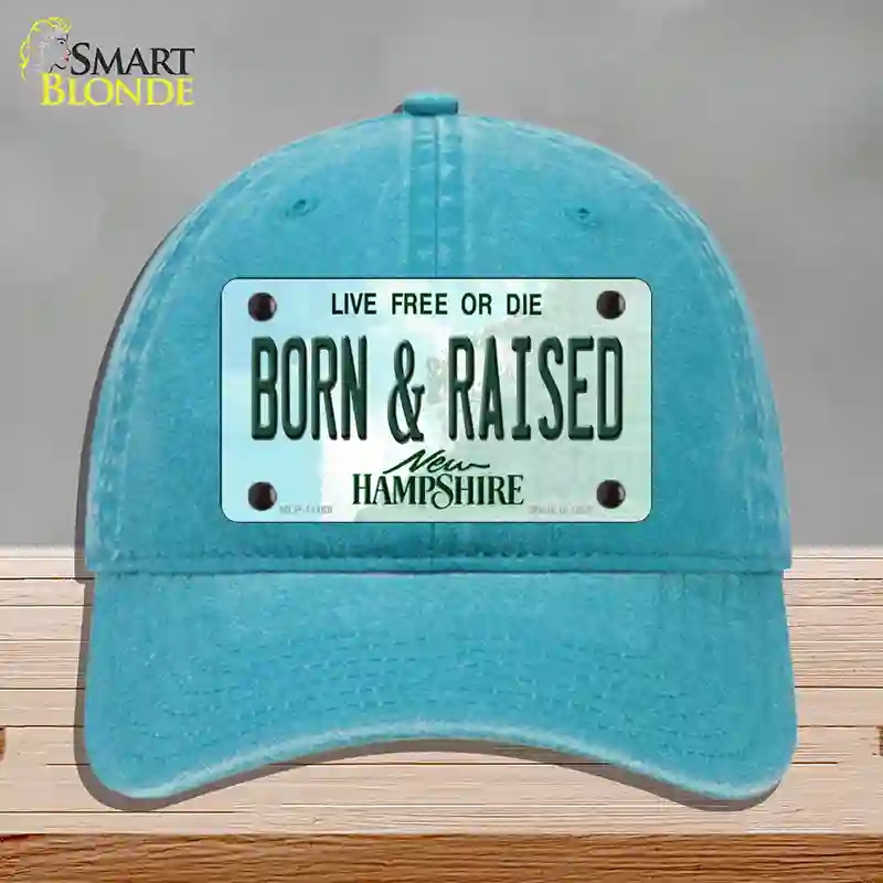 HAT10-MLP-11169 Born & Raised   Hampshire State Novelty License Plate Hat, Unconstructed Cotton - Lake Blue