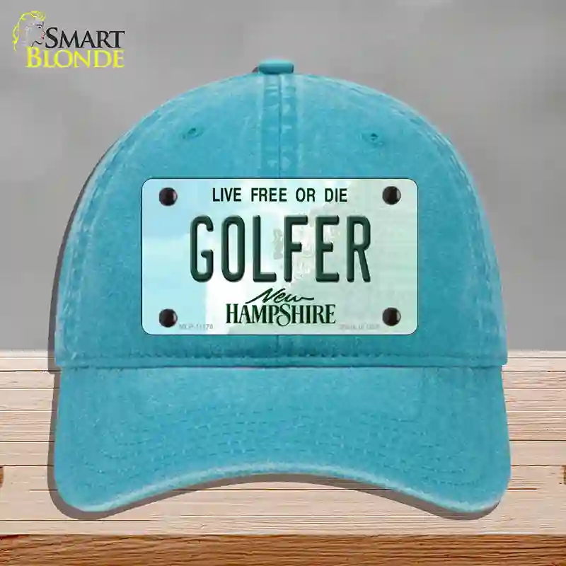 HAT10-MLP-11170 Golfer   Hampshire State Novelty License Plate Hat, Unconstructed Cotton - Lake Blue