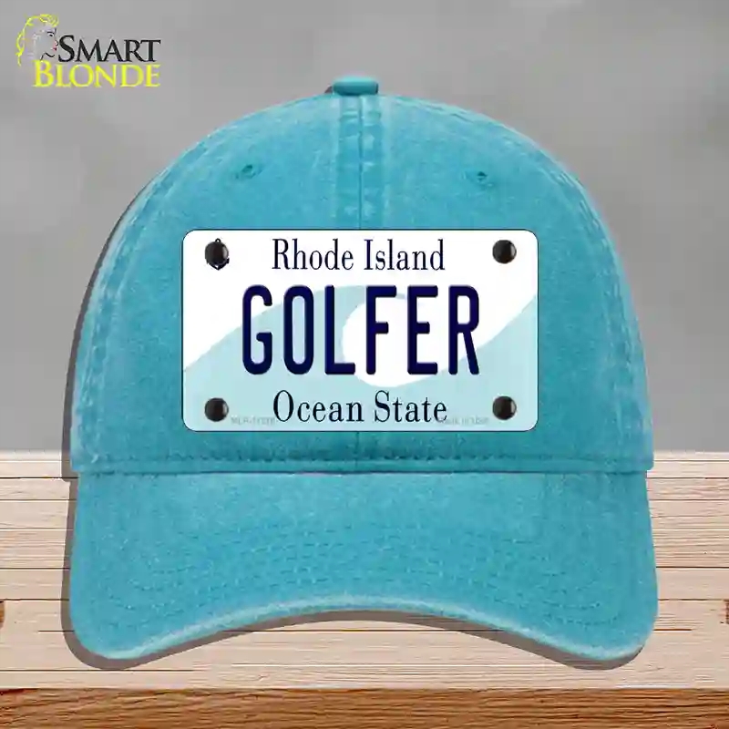 HAT10-MLP-11216 Golfer Rhode Island State Novelty License Plate Hat, Unconstructed Cotton - Lake Blue