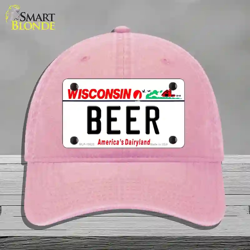 HAT12-MLP-10622 Beer Wisconsin Novelty License Plate Hat, Unconstructed Cotton - Pink
