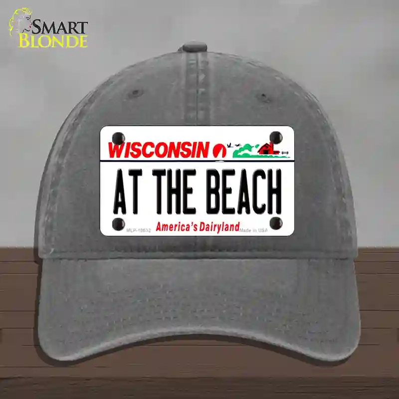 HAT08-MLP-10632 At the Beach Wisconsin Novelty License Plate Hat, Unconstructed Cotton - Charcoal