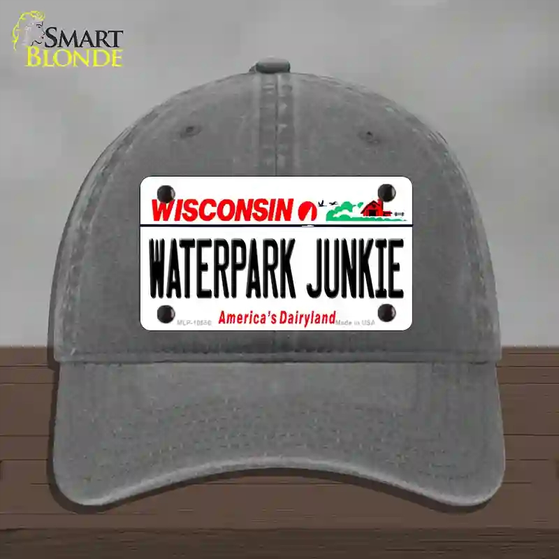 HAT08-MLP-10656 Waterpark Junkie Wisconsin Novelty License Plate Hat, Unconstructed Cotton - Charcoal