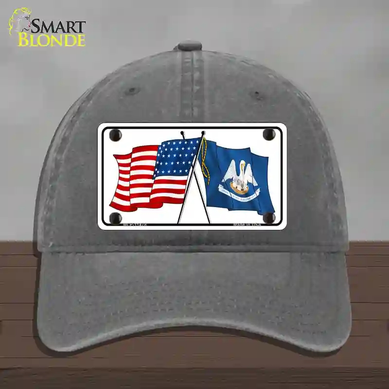 HAT08-MLP-11478 Louisiana Crossed US Flag Novelty License Plate Hat, Unconstructed Cotton - Charcoal