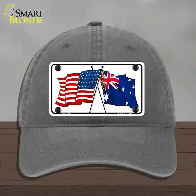 HAT08-MLP-11517 Australia Crossed US Flag Novelty License Plate Hat, Unconstructed Cotton - Charcoal