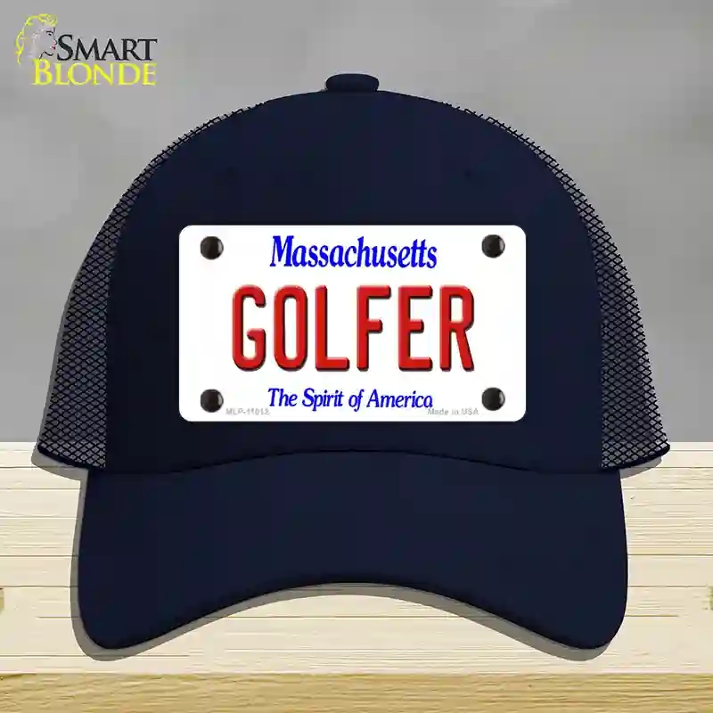 HAT16-MLP-11012 Golfer Massachusetts Novelty License Plate Hat, Mesh - Navy