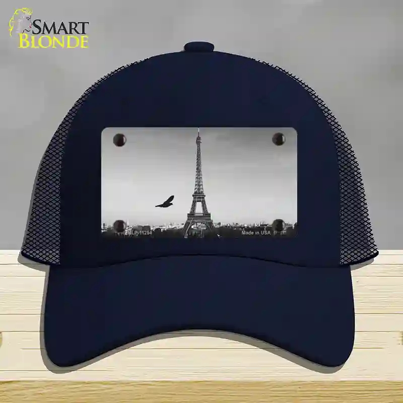 HAT16-MLP-11254 Eiffel Tower Black & White with Bird Novelty License Plate Hat, Mesh - Navy