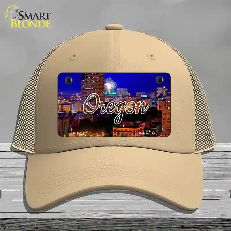 HAT15-MLP-11625 Oregon Firework City Lights State Novelty License Plate Hat, Mesh - Khaki