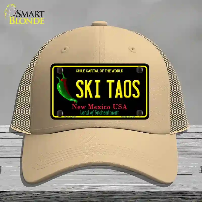 HAT15-MLP-12054 Ski Taos Black   Mexico Novelty License Plate Hat, Mesh - Khaki