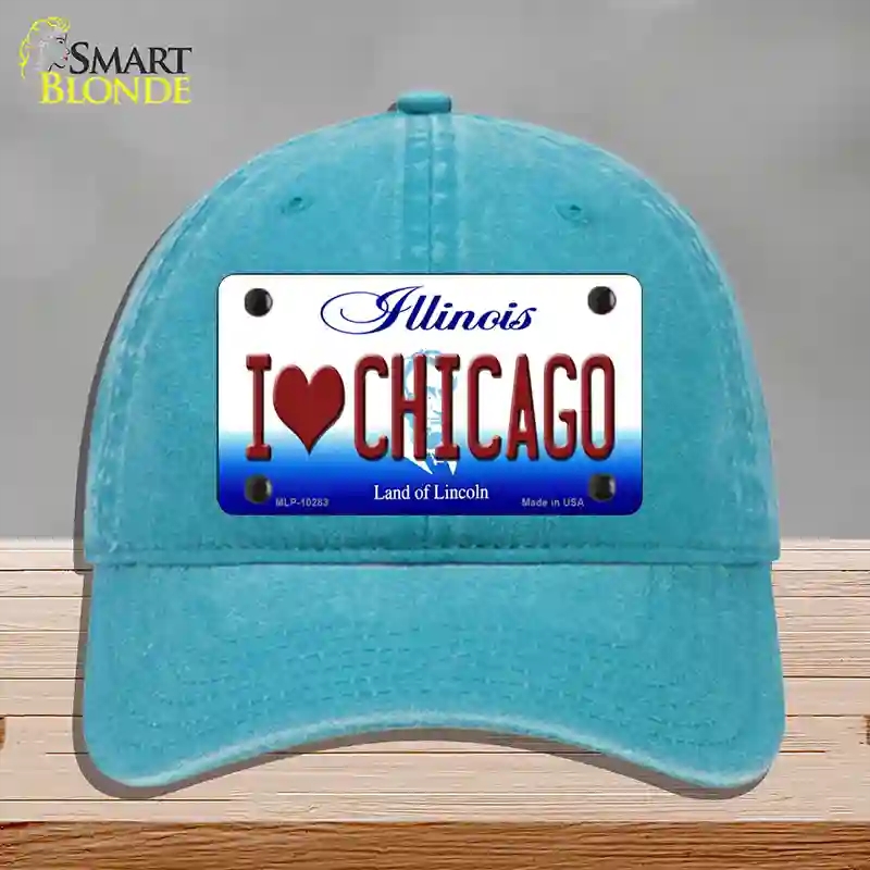 HAT10-MLP-10283 I Love Chicago Illinois Novelty License Plate Hat, Unconstructed Cotton - Lake Blue