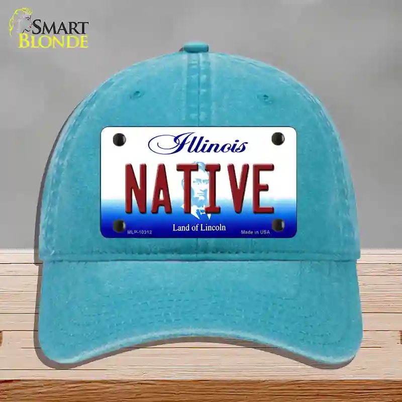 HAT10-MLP-10312 Native Illinois Novelty License Plate Hat, Unconstructed Cotton - Lake Blue