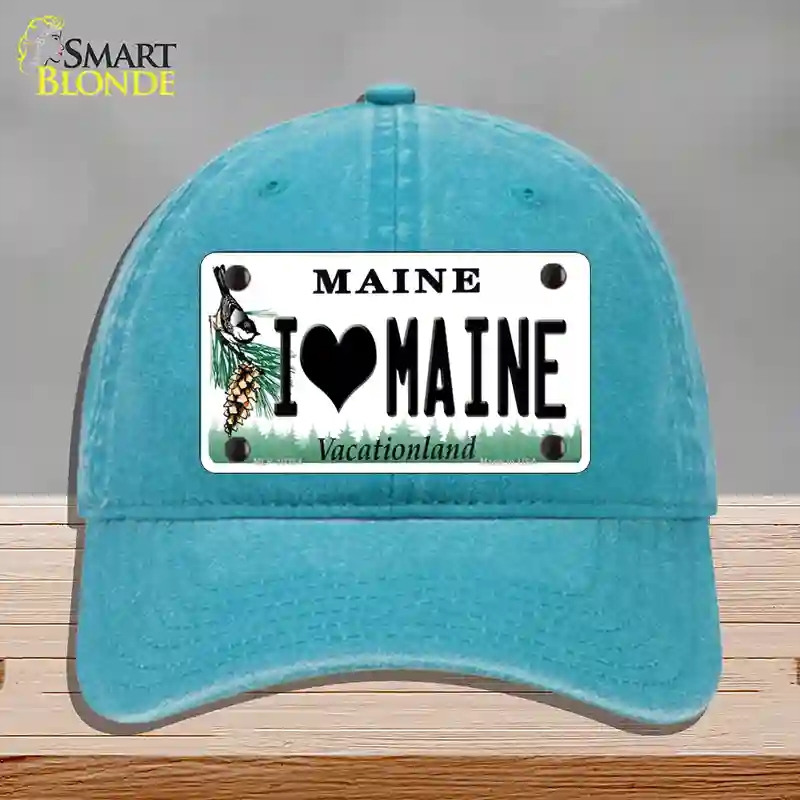 HAT10-MLP-10384 I Love Maine Novelty License Plate Hat, Unconstructed Cotton - Lake Blue