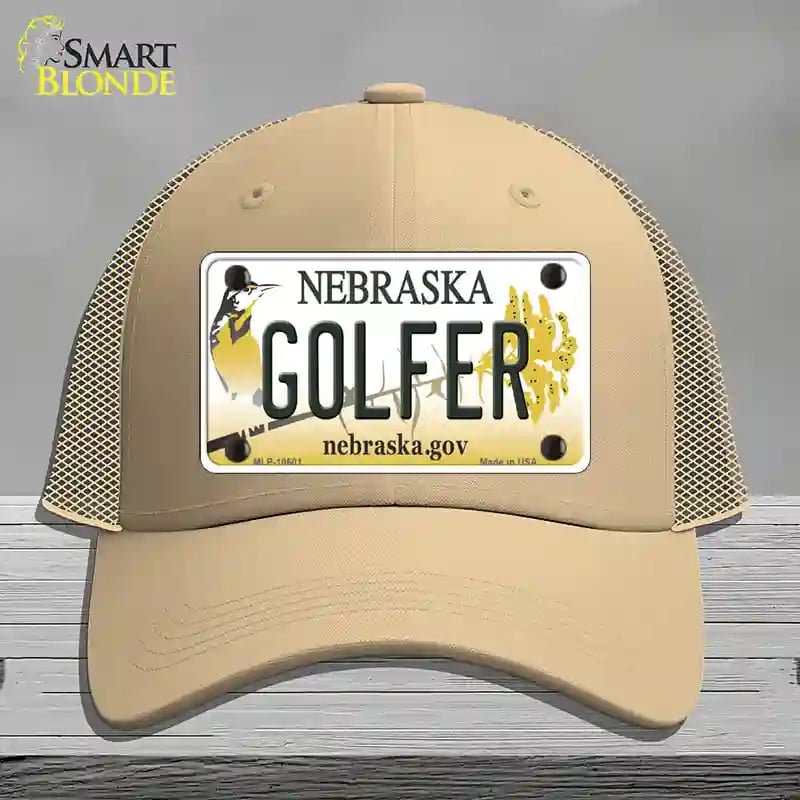 HAT15-MLP-10601 Golfer Nebraska Novelty License Plate Hat, Mesh - Khaki