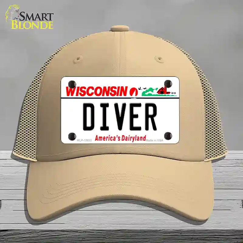 HAT15-MLP-10633 Diver Wisconsin Novelty License Plate Hat, Mesh - Khaki