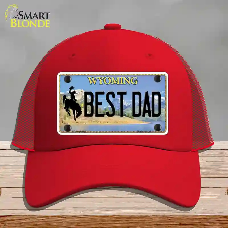 HAT17-MLP-10561 Best Dad Wyoming Novelty License Plate Hat, Mesh - Red