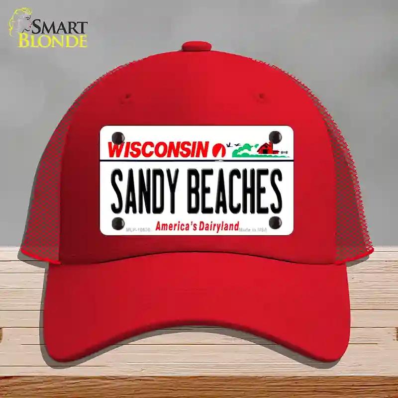 HAT17-MLP-10630 Sandy Beaches Wisconsin Novelty License Plate Hat, Mesh - Red