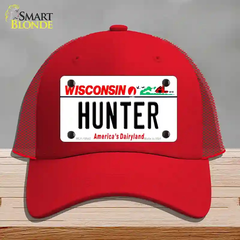 HAT17-MLP-10642 Hunter Wisconsin Novelty License Plate Hat, Mesh - Red