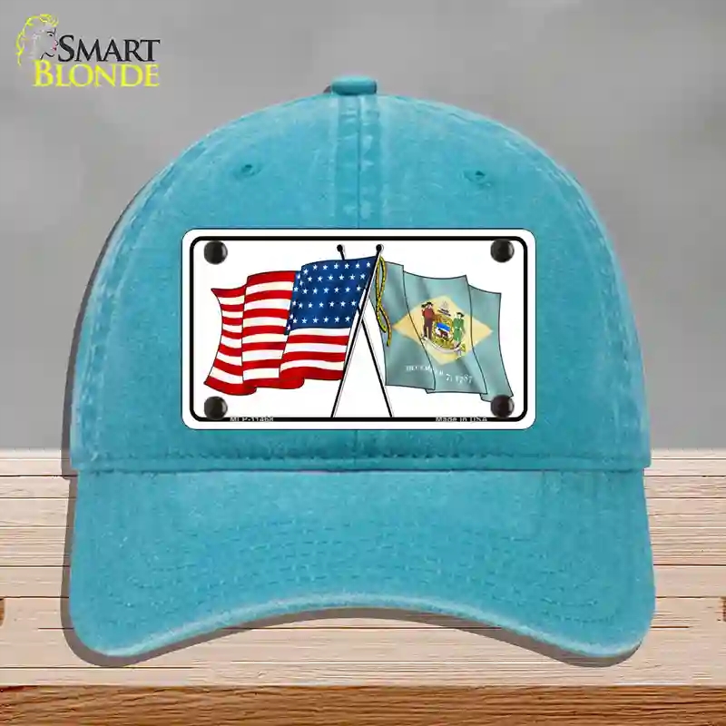 HAT10-MLP-11468 Delaware Crossed US Flag Novelty License Plate Hat, Unconstructed Cotton - Lake Blue