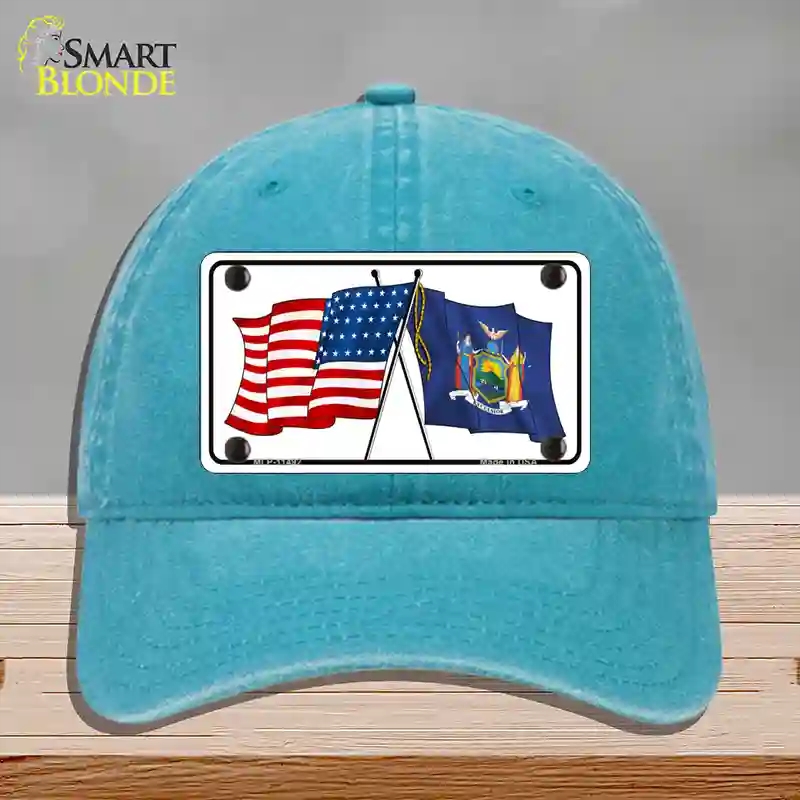 HAT10-MLP-11492   York Crossed US Flag Novelty License Plate Hat, Unconstructed Cotton - Lake Blue