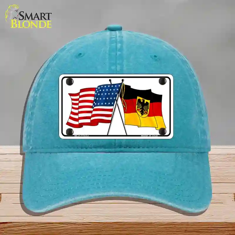 HAT10-MLP-11513 Germany Crossed US Flag Novelty License Plate Hat, Unconstructed Cotton - Lake Blue