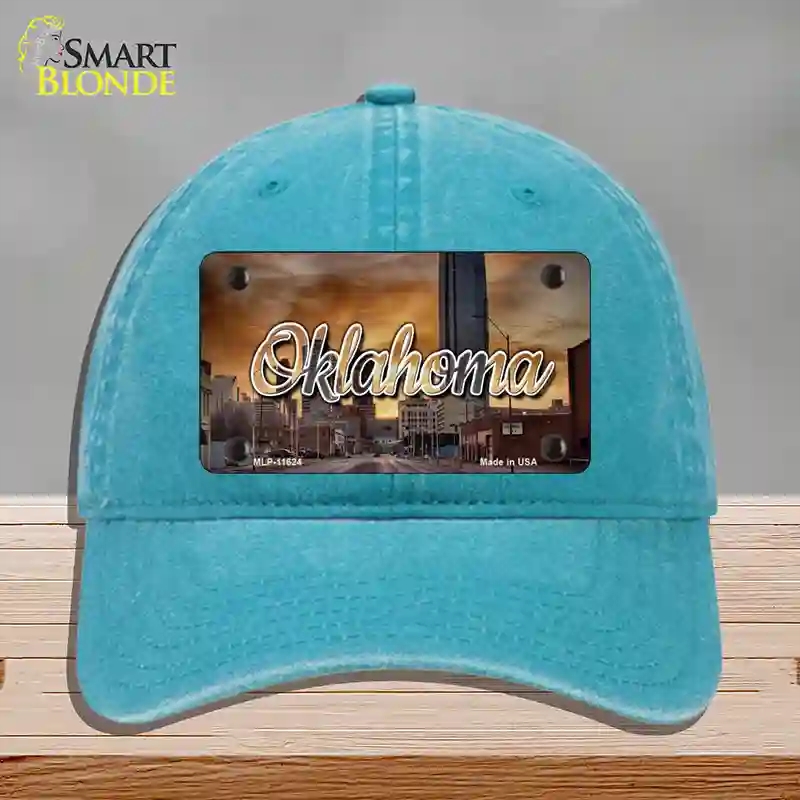 HAT10-MLP-11624 Oklahoma Sunset Skyline State Novelty License Plate Hat, Unconstructed Cotton - Lake Blue