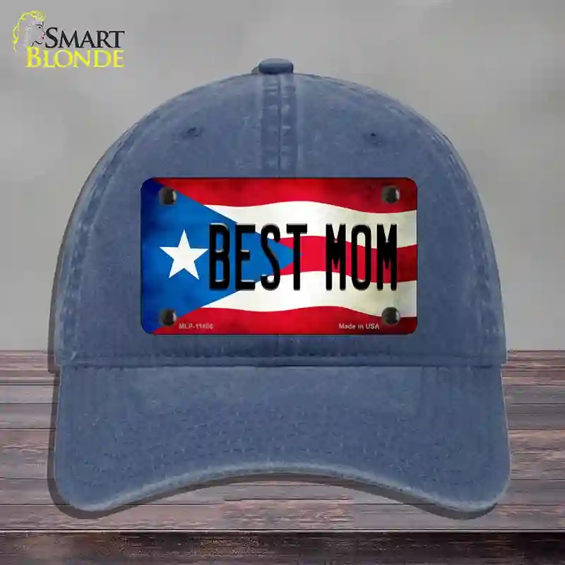 HAT11-MLP-11405 Best Mom Puerto Rico Flag Novelty License Plate Hat, Unconstructed Cotton - Navy