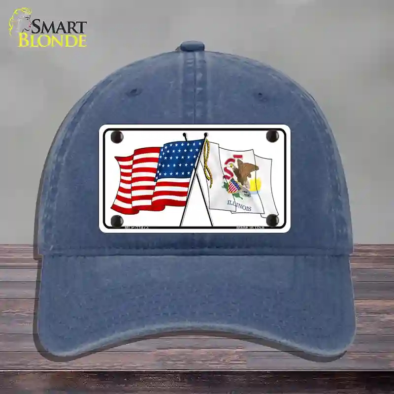 HAT11-MLP-11473 Illinois Crossed US Flag Novelty License Plate Hat, Unconstructed Cotton - Navy