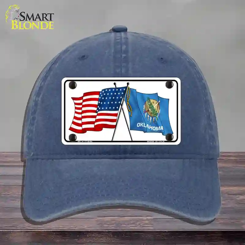 HAT11-MLP-11496 Oklahoma Crossed US Flag Novelty License Plate Hat, Unconstructed Cotton - Navy