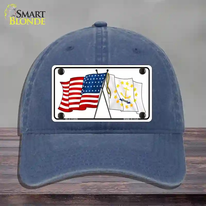 HAT11-MLP-11499 Rhode Island Crossed US Flag Novelty License Plate Hat, Unconstructed Cotton - Navy