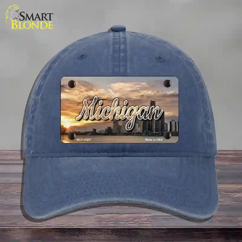 HAT11-MLP-11607 Michigan City Sunset State Novelty License Plate Hat, Unconstructed Cotton - Navy