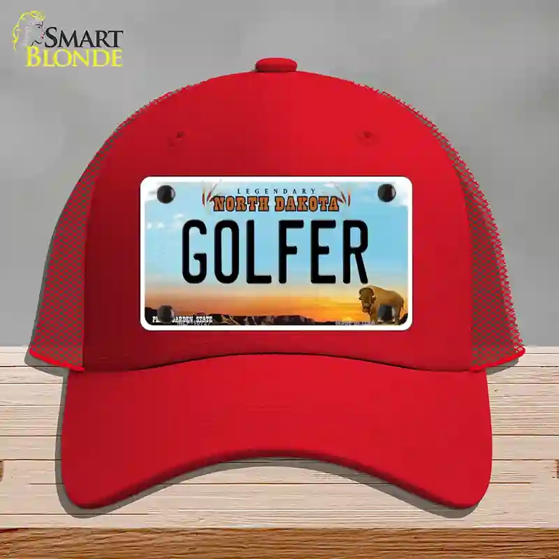HAT17-MLP-10727 Golfer North Dakota Novelty License Plate Hat, Mesh - Red