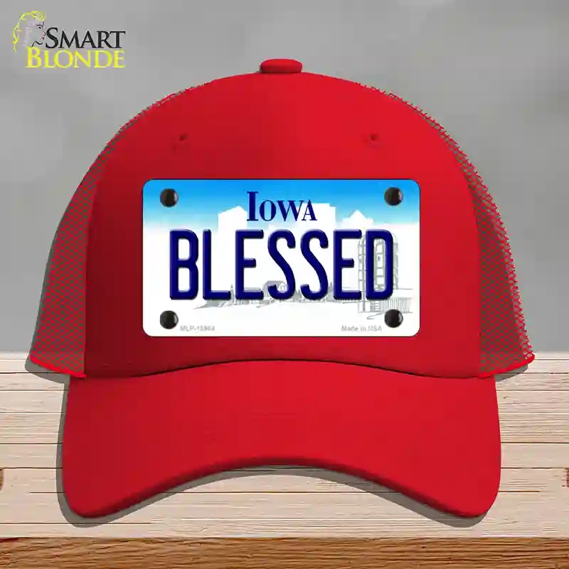 HAT17-MLP-10964 Blessed Iowa Novelty License Plate Hat, Mesh - Red