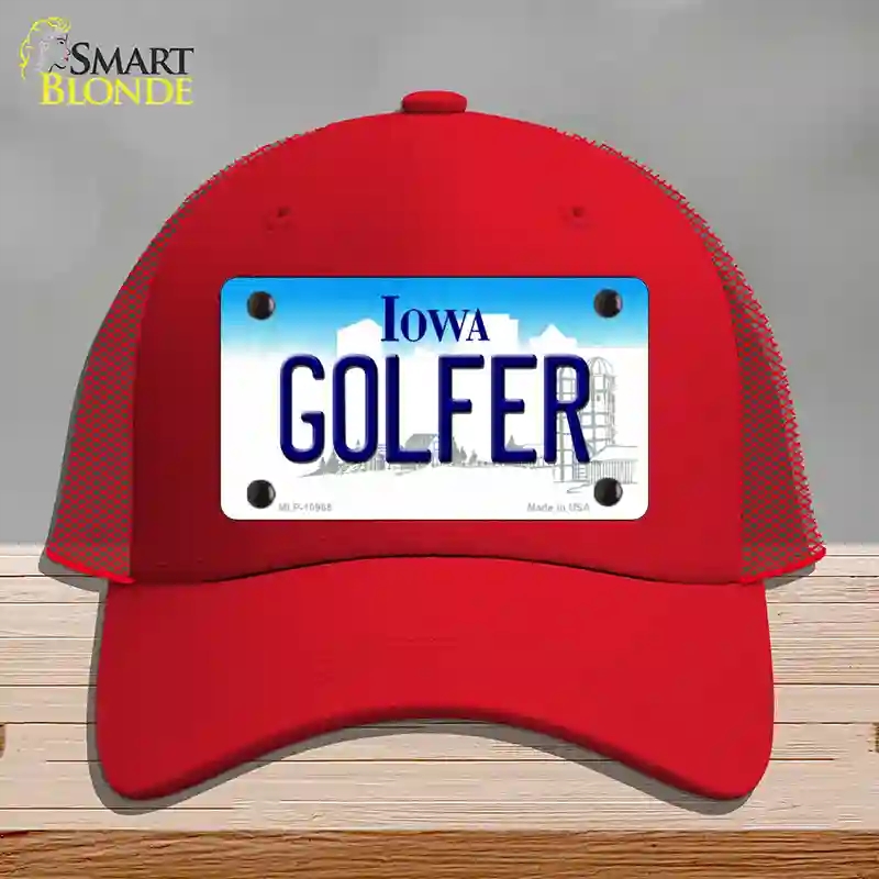 HAT17-MLP-10965 Golfer Iowa Novelty License Plate Hat, Mesh - Red