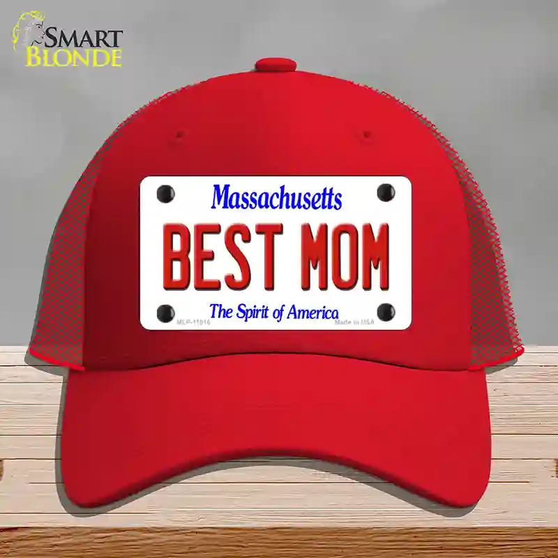 HAT17-MLP-11016 Best Mom Massachusetts Novelty License Plate Hat, Mesh - Red