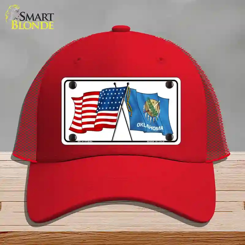 HAT17-MLP-11496 Oklahoma Crossed US Flag Novelty License Plate Hat, Mesh - Red