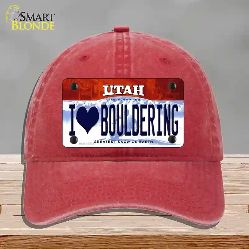 HAT13-MLP-10231 I Love Bouldering Utah Novelty License Plate Hat, Unconstructed Cotton - Red