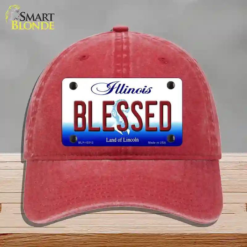 HAT13-MLP-10313 Blessed Illinois Novelty License Plate Hat, Unconstructed Cotton - Red