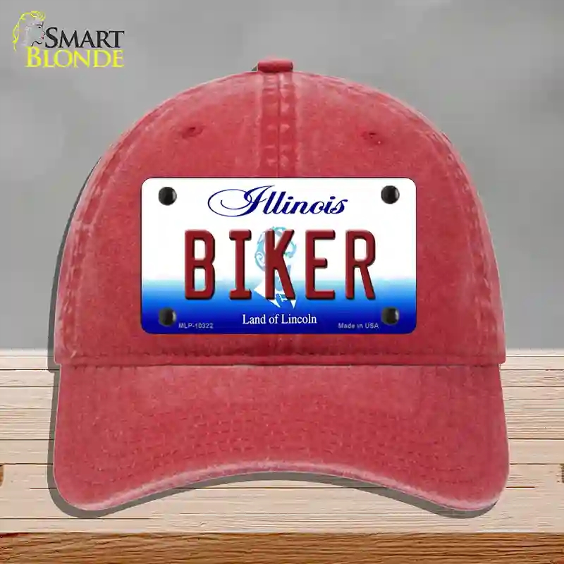 HAT13-MLP-10322 Biker Illinois Novelty License Plate Hat, Unconstructed Cotton - Red