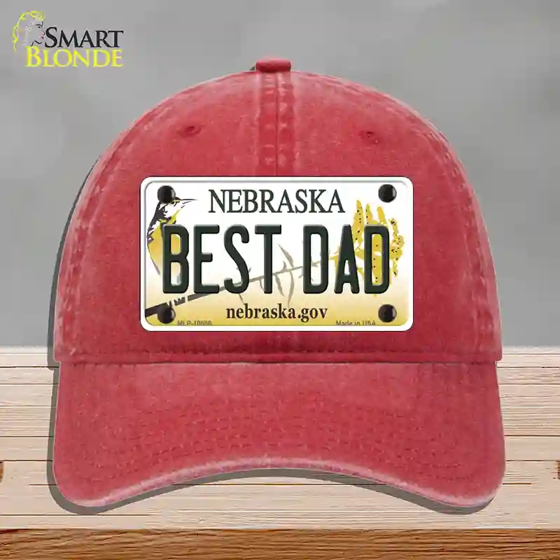 HAT13-MLP-10606 Best Dad Nebraska Novelty License Plate Hat, Unconstructed Cotton - Red