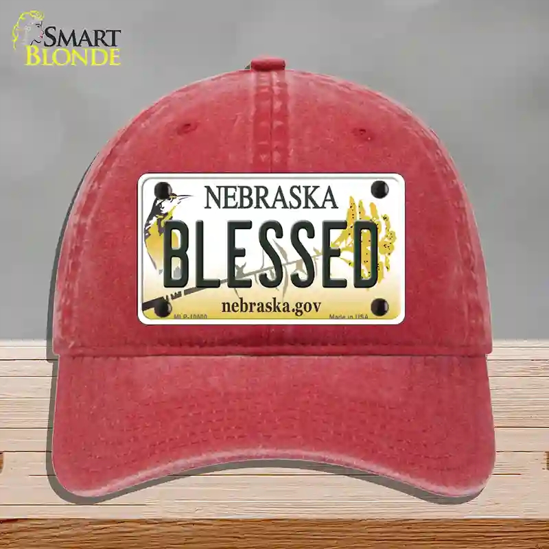 HAT13-MLP-10600 Blessed Nebraska Novelty License Plate Hat, Unconstructed Cotton - Red