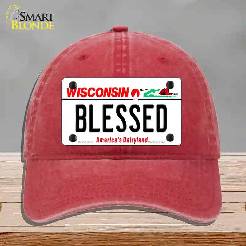 HAT13-MLP-10651 Blessed Wisconsin Novelty License Plate Hat, Unconstructed Cotton - Red