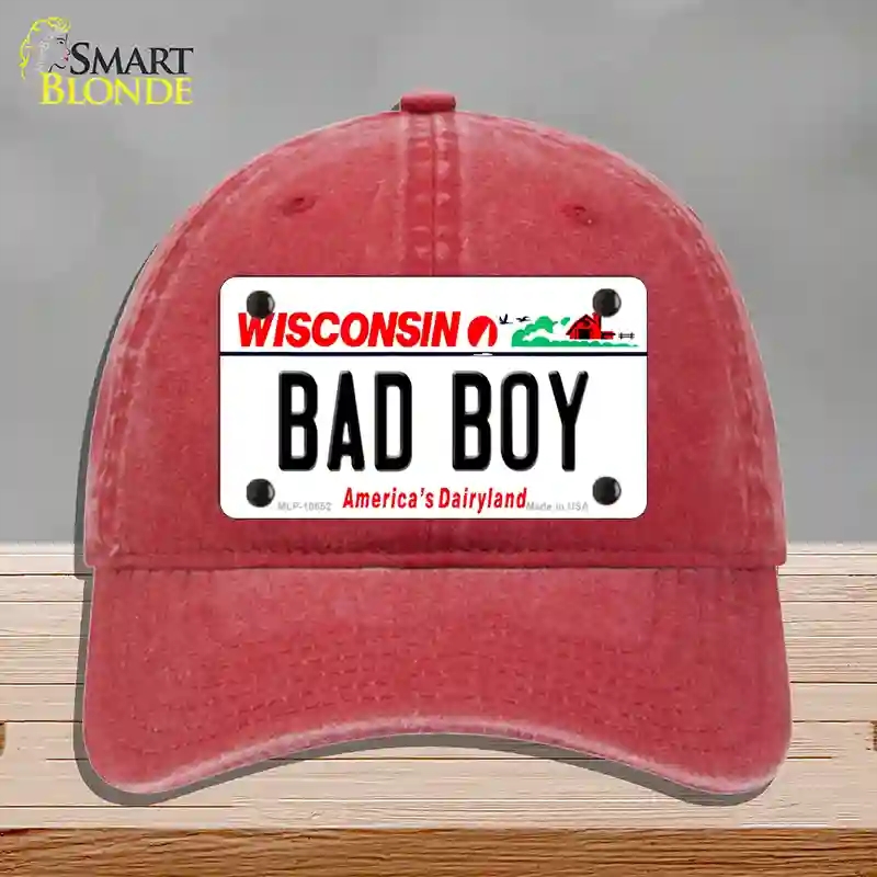 HAT13-MLP-10652 Bad Boy Wisconsin Novelty License Plate Hat, Unconstructed Cotton - Red