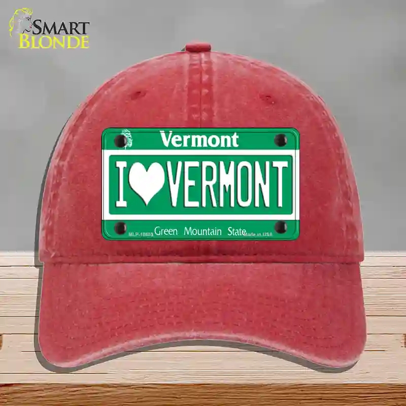 HAT13-MLP-10659 I Love Vermont Novelty License Plate Hat, Unconstructed Cotton - Red