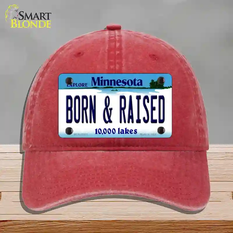 HAT13-MLP-11071 Born & Raised Minnesota State Novelty License Plate Hat, Unconstructed Cotton - Red