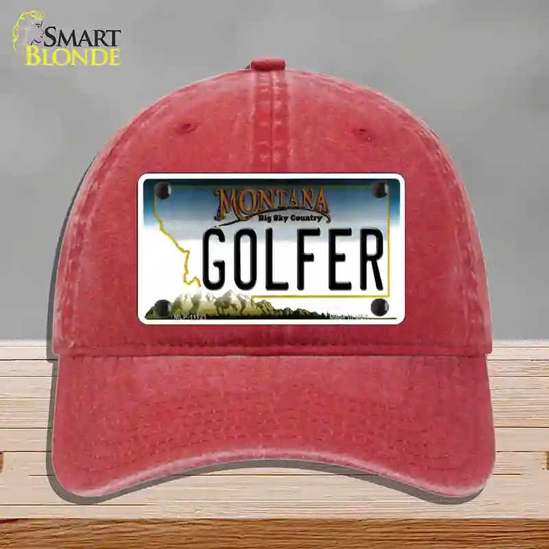 HAT13-MLP-11121 Golfer Montana State Novelty License Plate Hat, Unconstructed Cotton - Red