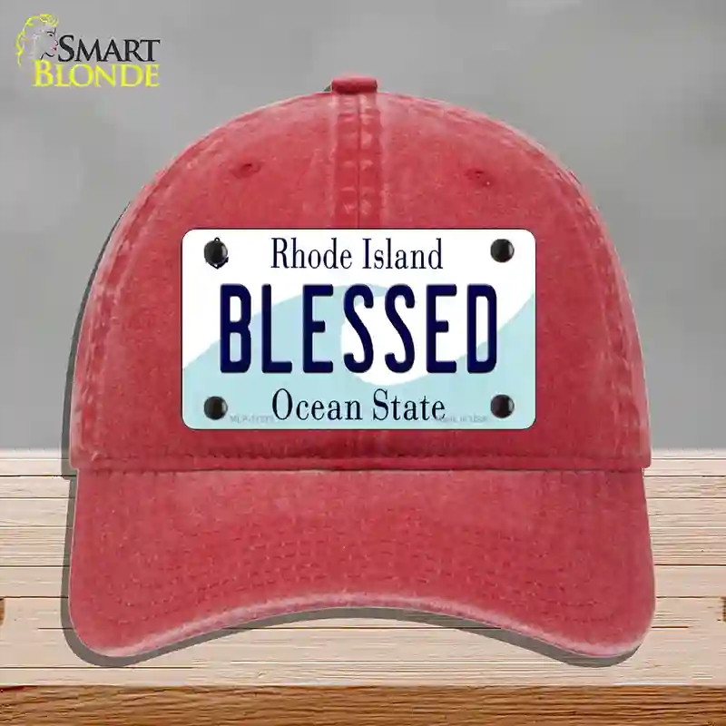 HAT13-MLP-11215 Blessed Rhode Island State Novelty License Plate Hat, Unconstructed Cotton - Red
