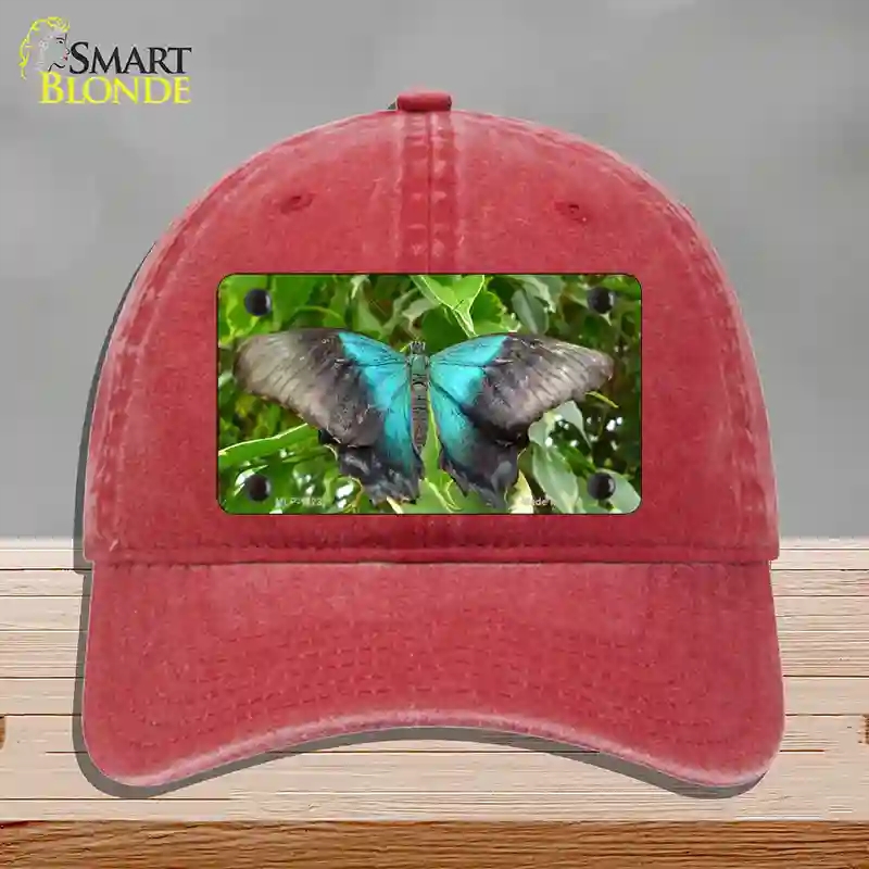 HAT13-MLP-11237 Butterfly Blue & Black Novelty License Plate Hat, Unconstructed Cotton - Red