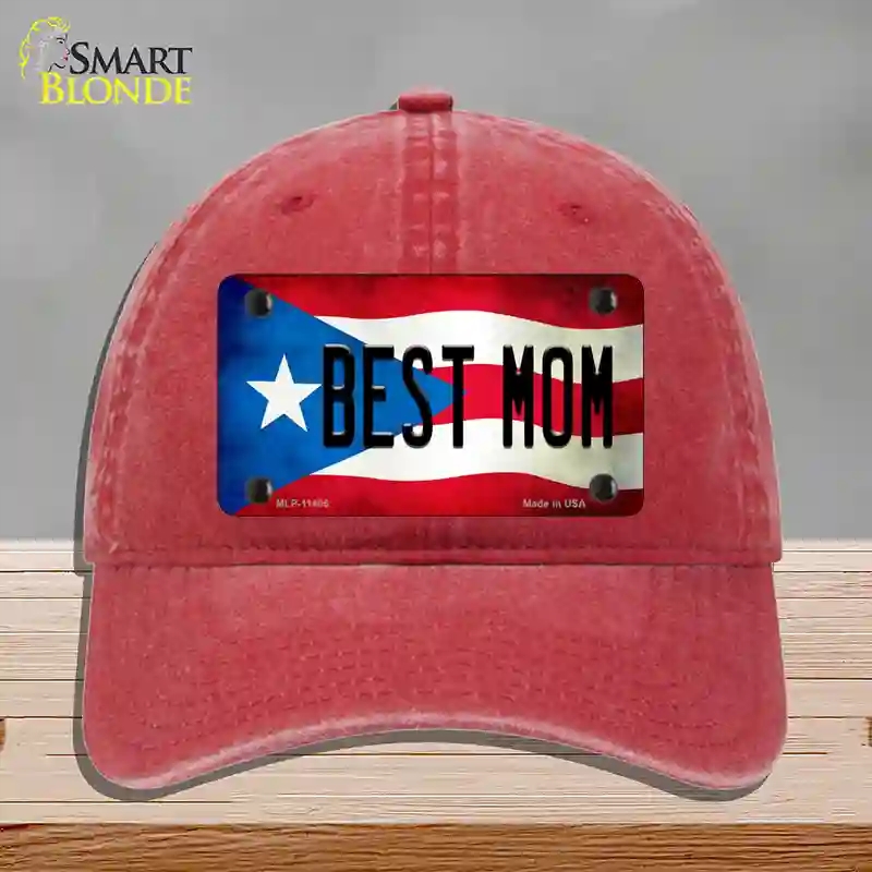 HAT13-MLP-11405 Best Mom Puerto Rico Flag Novelty License Plate Hat, Unconstructed Cotton - Red