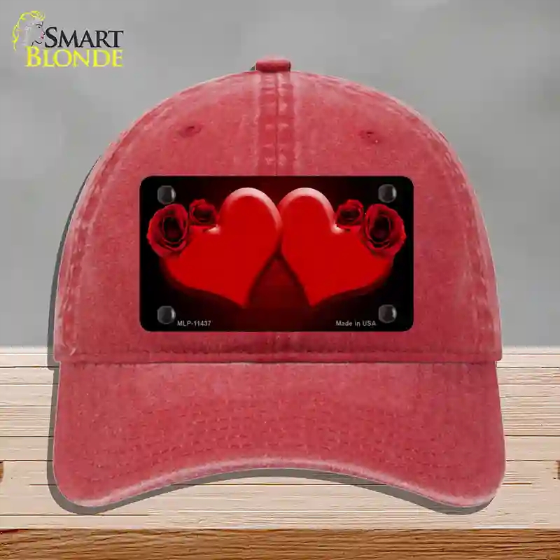 HAT13-MLP-11437 Hearts Over Roses in Red Novelty License Plate Hat, Unconstructed Cotton - Red